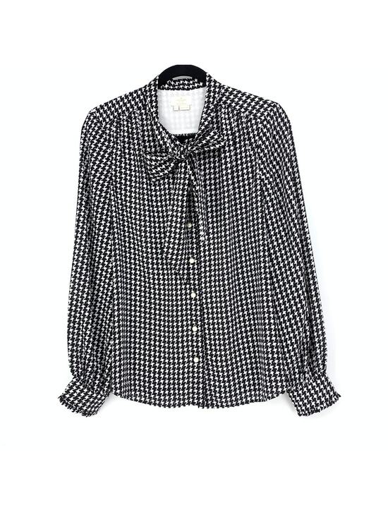 kate spade Tops - Kate Spade Women's Sz S Dashing Beauty Houndstooth Tie Neck Shirt In Black Cream